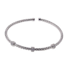 Sterling Silver 3mm Mesh Cuff with CZ, Rhodium Finish